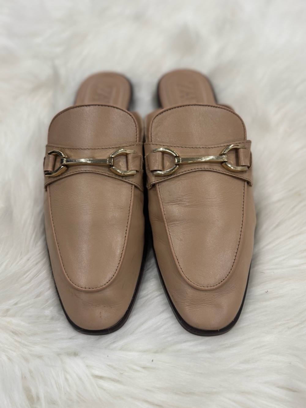Zara Leather Slip-On Mules with Gold Bit - Beige